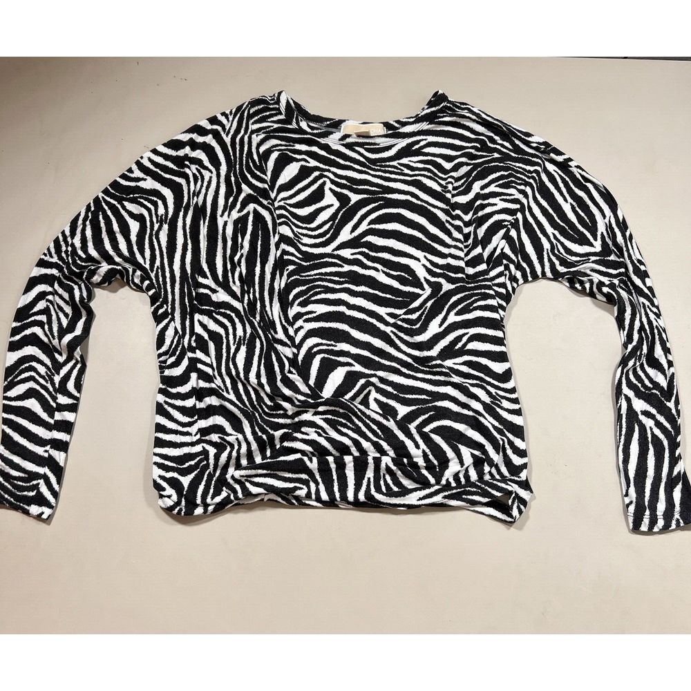 Michael Kors Zebra Print Long Sleeve Top Black White Crew Neck Pullover Womens